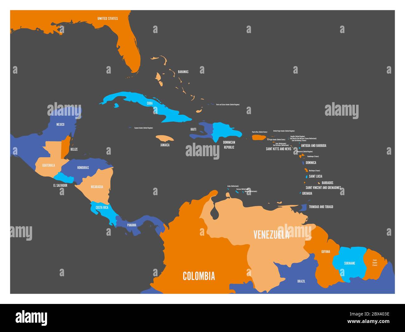 Carte politique des États d'Amérique centrale et des Caraïbes avec noms de pays. Illustration simple à vecteur plat. Illustration de Vecteur