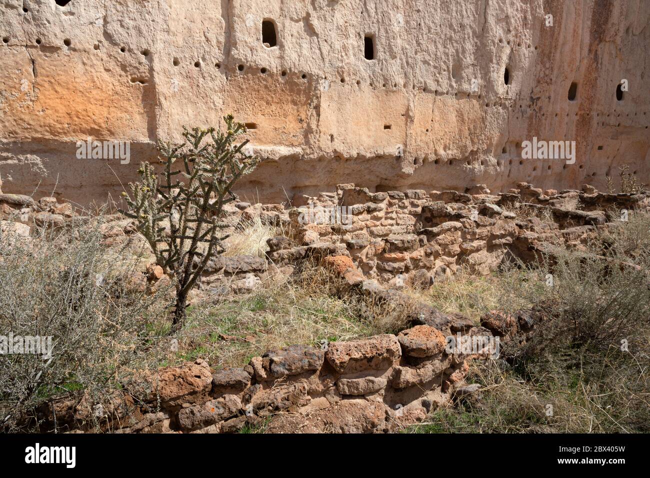 NM00491-00...NOUVEAU MEXIQUE - fondations pour les maisons de Talus et a creusé des chambres de falaise à long House au-dessus du monument national de Frijoles Canyon Bandelier. Banque D'Images