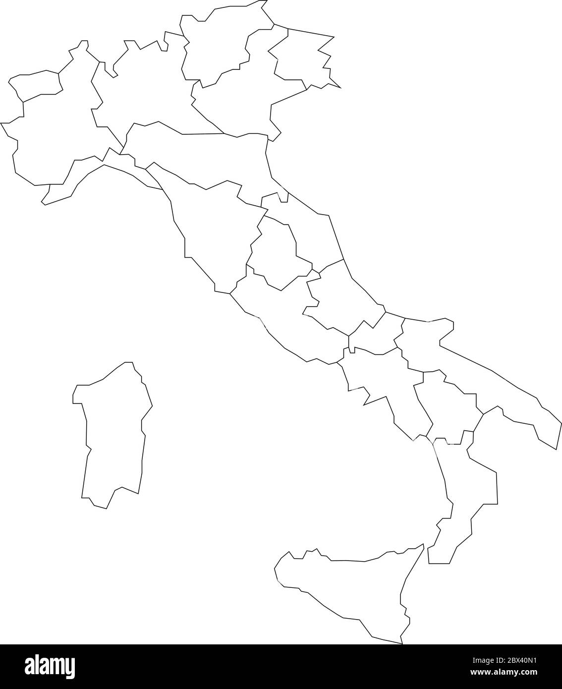Carte de l'Italie divisée en 20 régions administratives. Bordure blanche et contour noir. Illustration simple à vecteur plat. Illustration de Vecteur