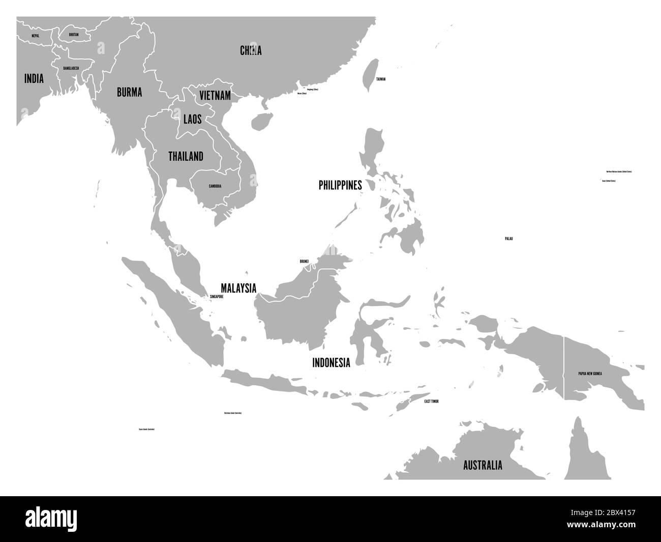 Carte politique de l'Asie du Sud-est. Terre grise sur fond blanc avec des étiquettes de nom de pays noires. Illustration simple à vecteur plat. Illustration de Vecteur