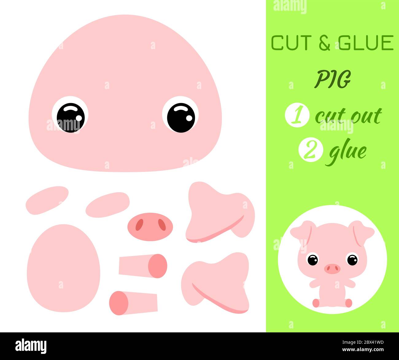 Couper et coller le cochon assis. Jeu d'application papier couleur. Jeu de papier éducatif pour les enfants d'âge préscolaire. Animal domestique. Personnage de dessin animé. V plat Illustration de Vecteur