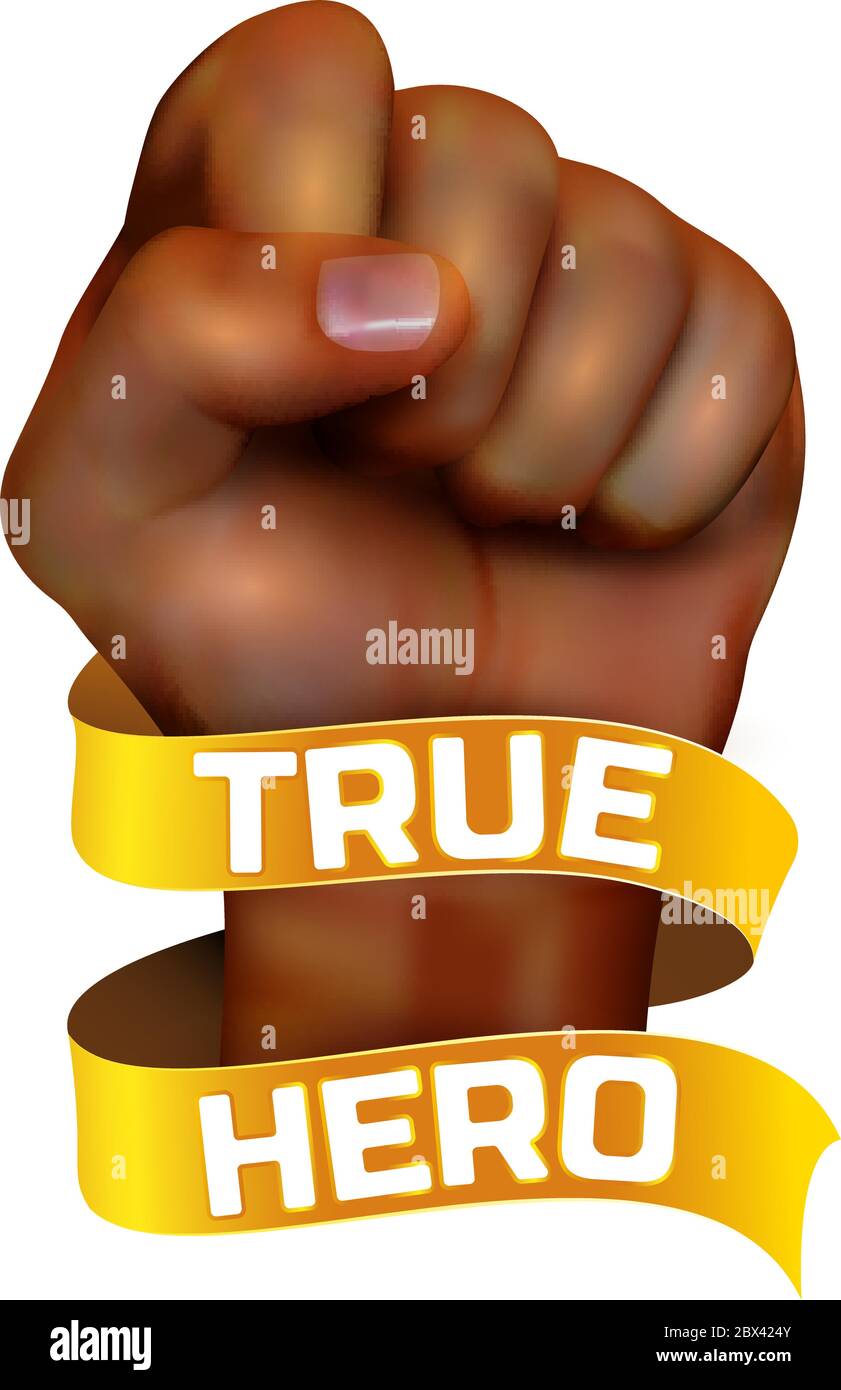 L'homme fiste afro-américain est un ruban d'or et un texte de héros sur  fond blanc. Illustration vectorielle. Peut être utilisé sur l'imprimé  t-shirt, le sac, l'affiche Image Vectorielle Stock - Alamy