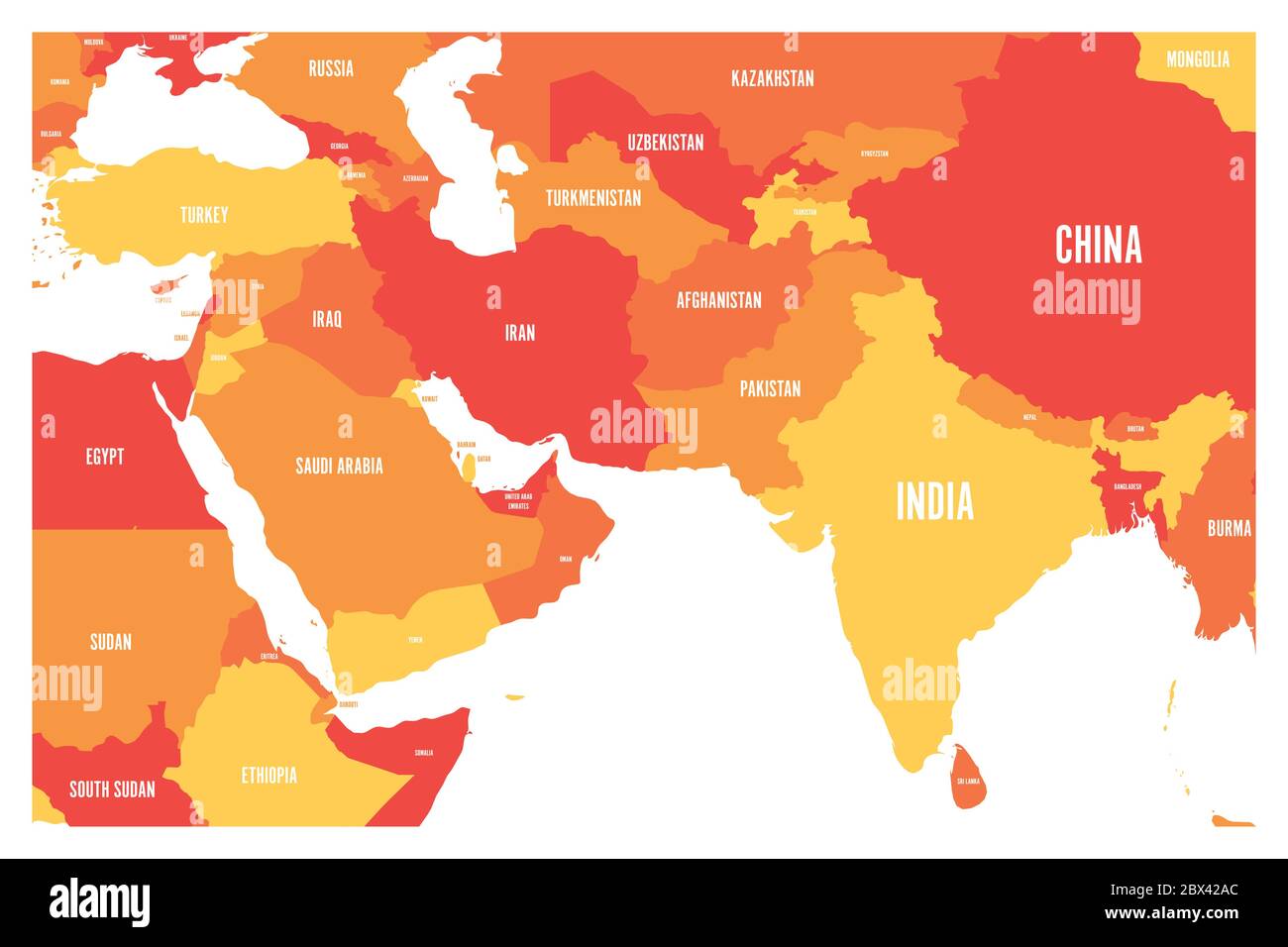 Carte politique des pays d'Asie du Sud et du Moyen-Orient. Carte vectorielle plate simple en quatre nuances d'orange. Illustration de Vecteur