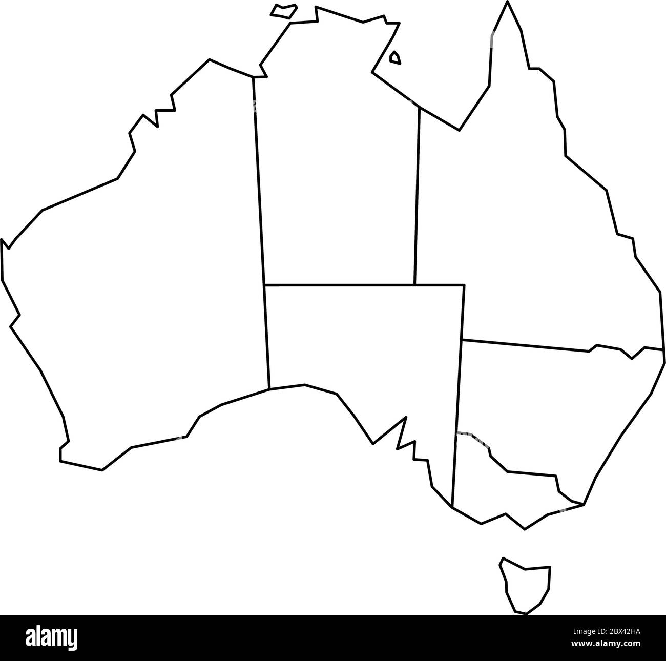 Carte aveugle de l'Australie divisée en États et territoires. Carte plate blanche avec bordures noires sur fond blanc. Illustration de Vecteur