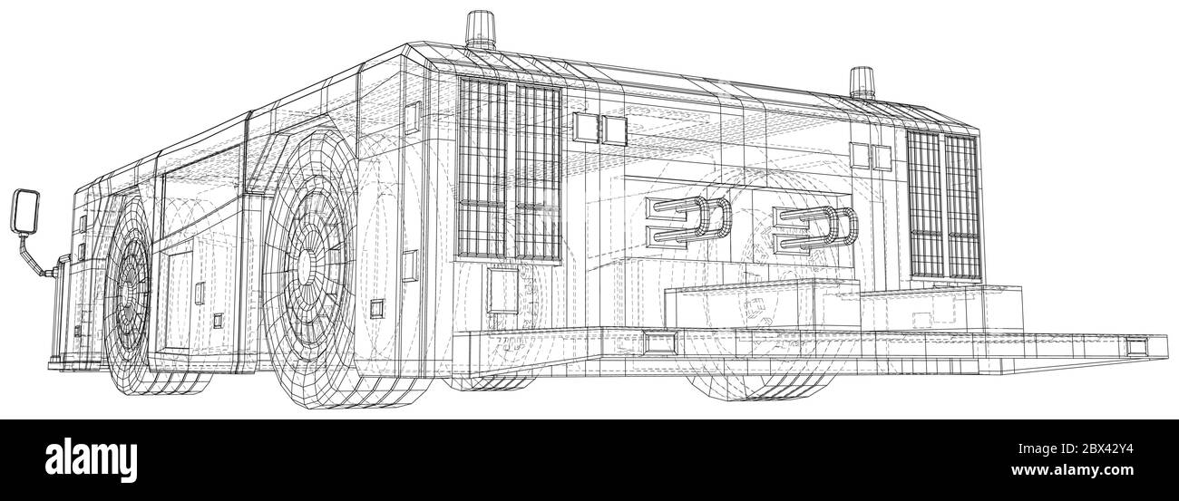 Vecteur d'illustration du chariot de remorquage d'avion. Ligne de cadre de fil isolée. Rendu vectoriel 3D. Illustration de Vecteur