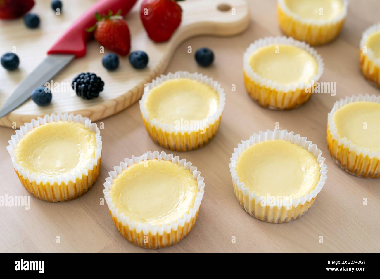 Mini-cheesecake décoré de myrtille, mûres et fraises Banque D'Images