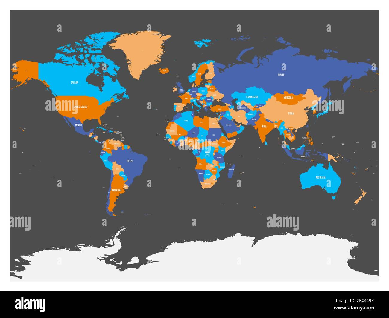 Carte politique du monde avec l'Antarctique. Pays de quatre couleurs différentes sans frontières sur fond gris foncé. Étiquettes blanches avec noms d'États et de territoires dépendants significatifs. Illustration vectorielle haute précision. Illustration de Vecteur