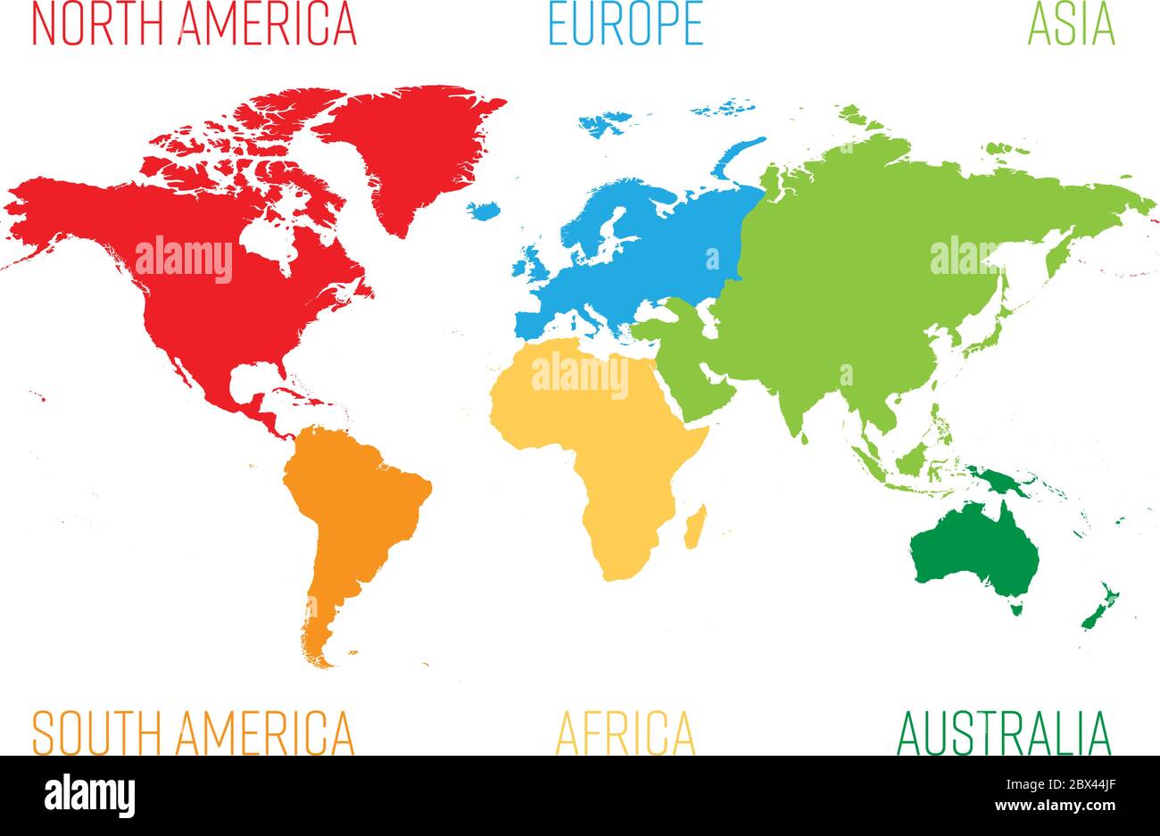 Carte du monde divisée en six continents. Chaque continent dans des couleurs différentes