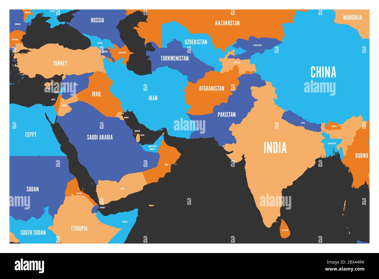 Carte politique des pays d'Asie du Sud et du Moyen-Orient. Carte vectorielle plate simple en quatre couleurs. Illustration de Vecteur