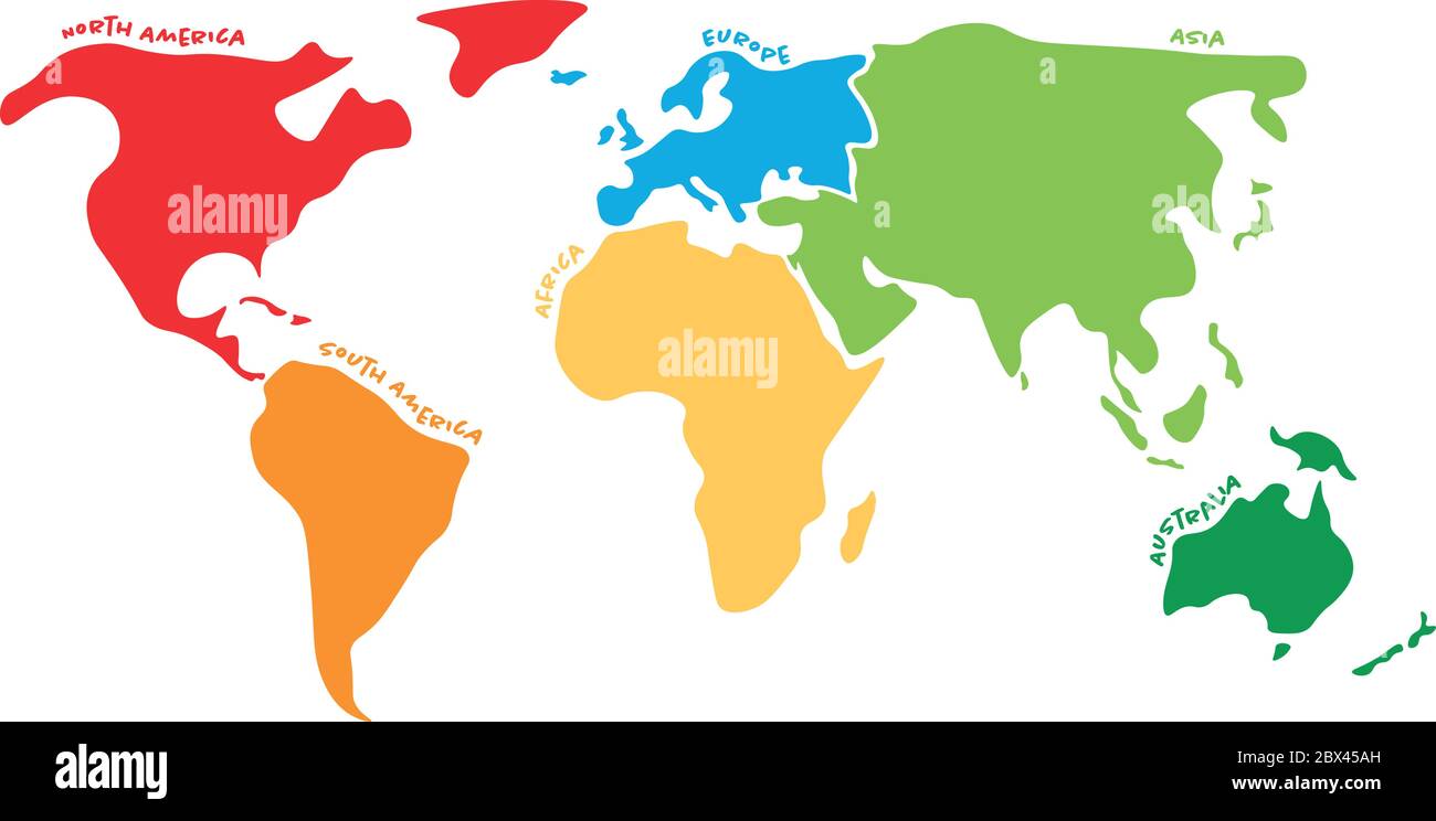 Carte du monde multicolore divisée en six continents dans différentes couleurs - Amérique du Nord, Amérique du Sud, Afrique, Europe, Asie et Australie. Carte vectorielle de silhouette simplifiée avec libellés de noms de continent incurvés par des bordures. Illustration de Vecteur