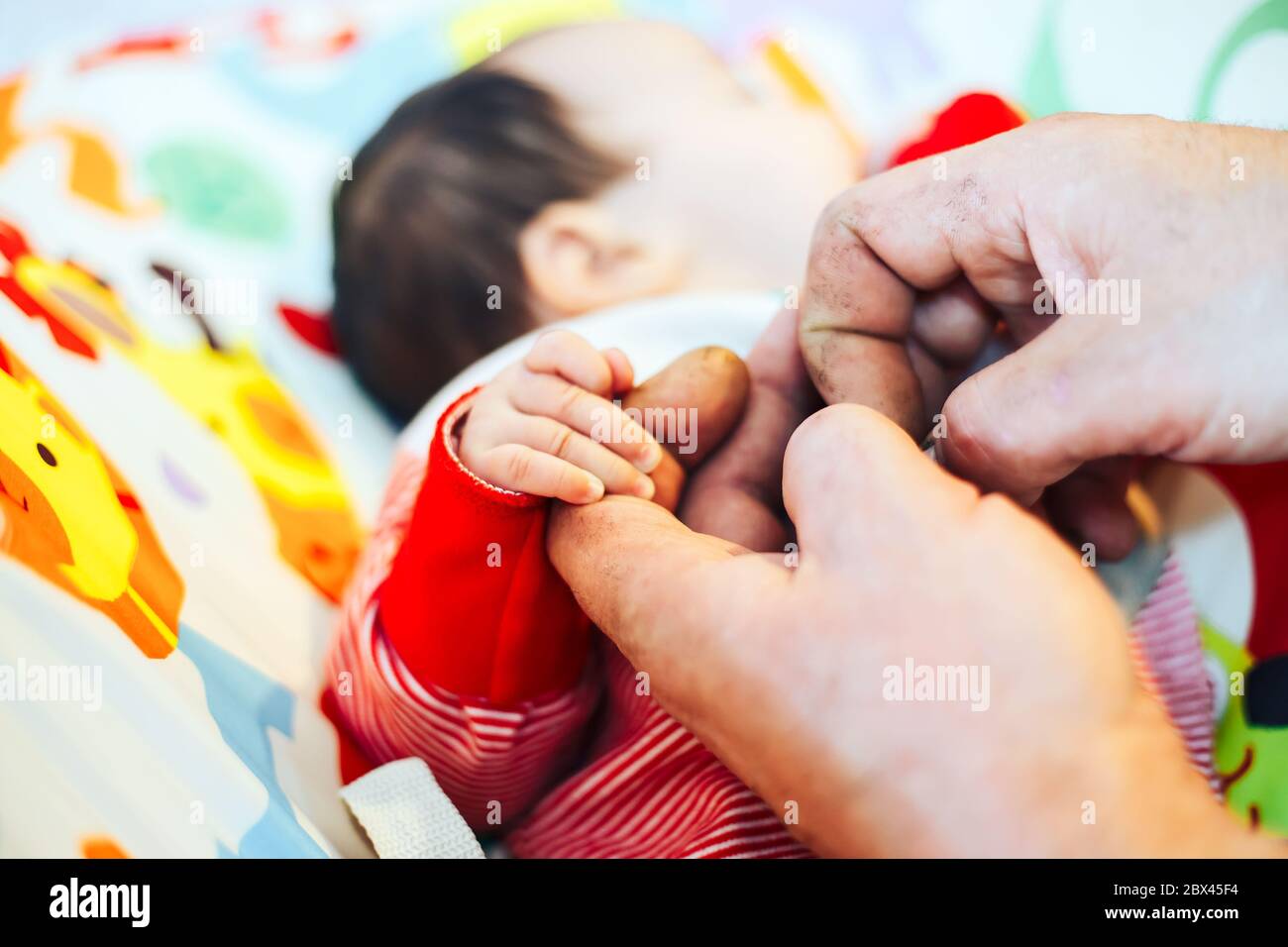 Petite main de bébé dans sa main de grand-père représentant le lien et la relation entre les grands-parents et les petits-enfants Banque D'Images
