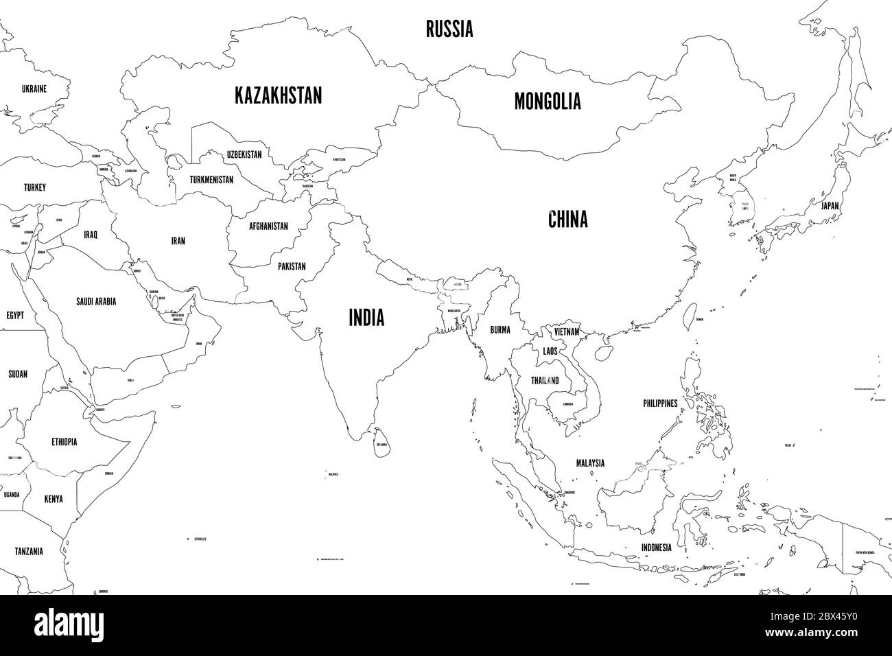 Carte politique de l'Asie occidentale, méridionale et orientale. Bordures noires fines. Illustration vectorielle. Illustration de Vecteur