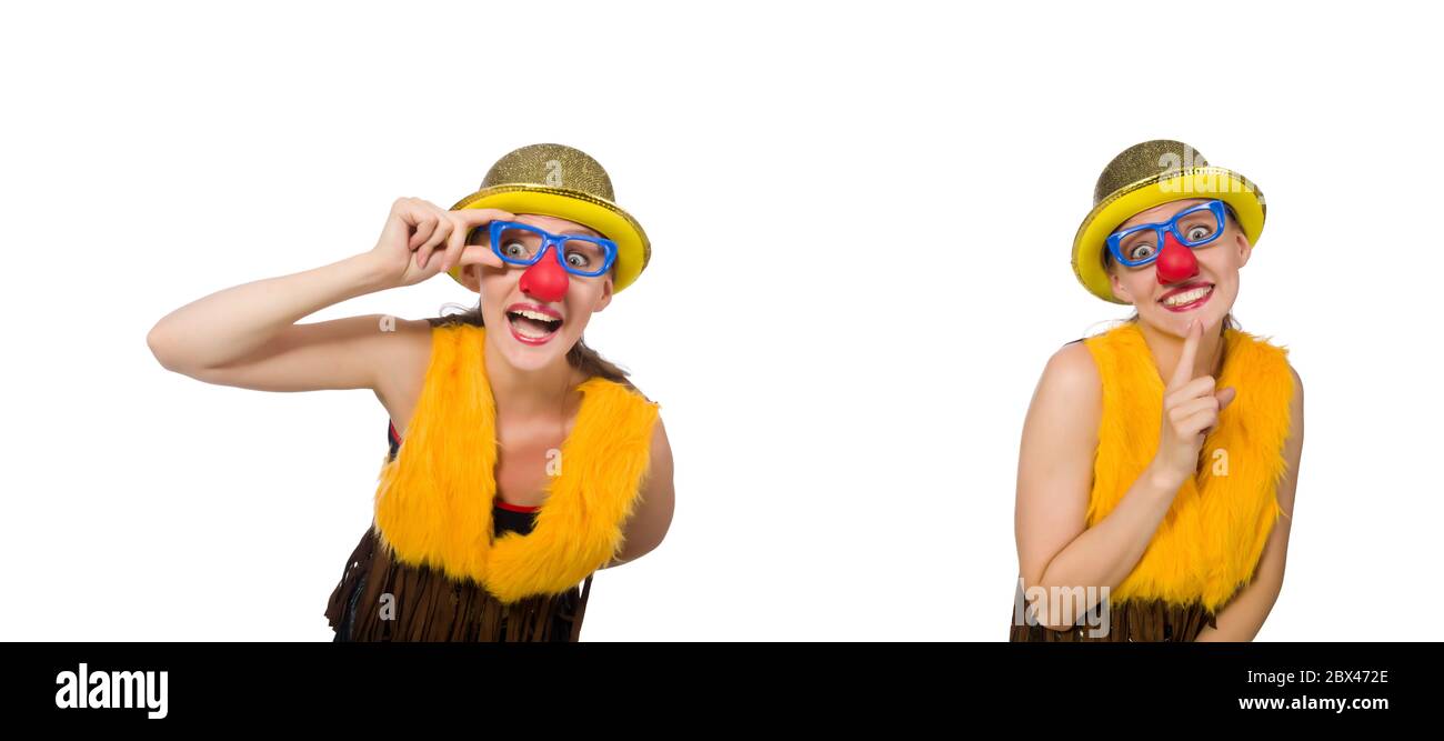 La drôle de clown femme isolée sur le blanc Banque D'Images