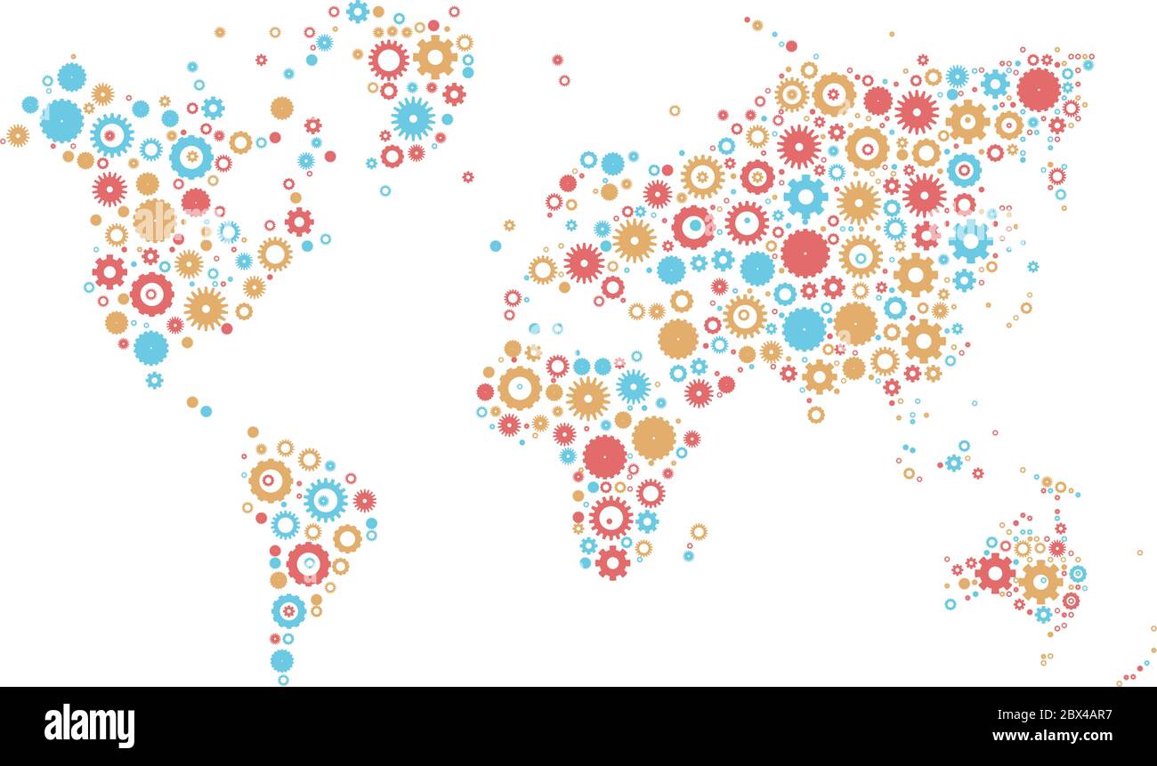 Mosaïque de la carte du monde des roues à cog en trois couleurs sur fond blanc. Thème industriel. Illustration vectorielle. Illustration de Vecteur