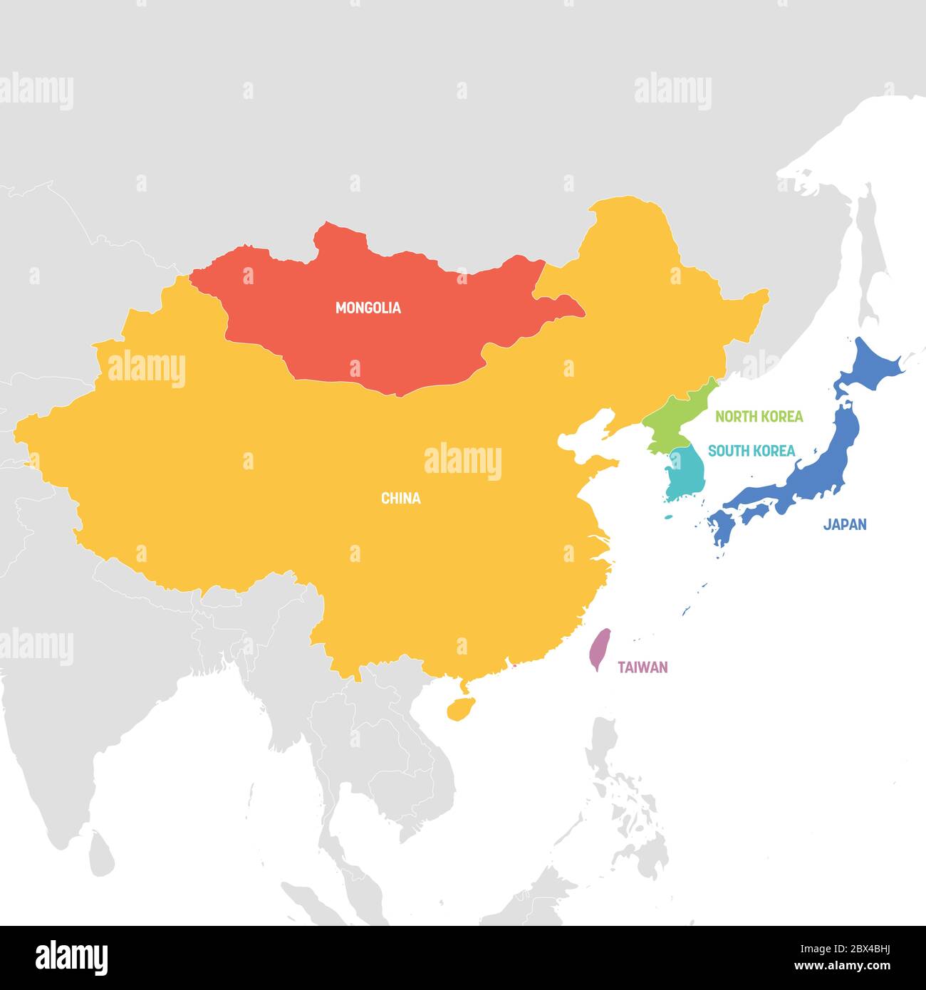 Région de l'Asie de l'est. Carte colorée des pays d'Asie orientale. Illustration vectorielle. Illustration de Vecteur