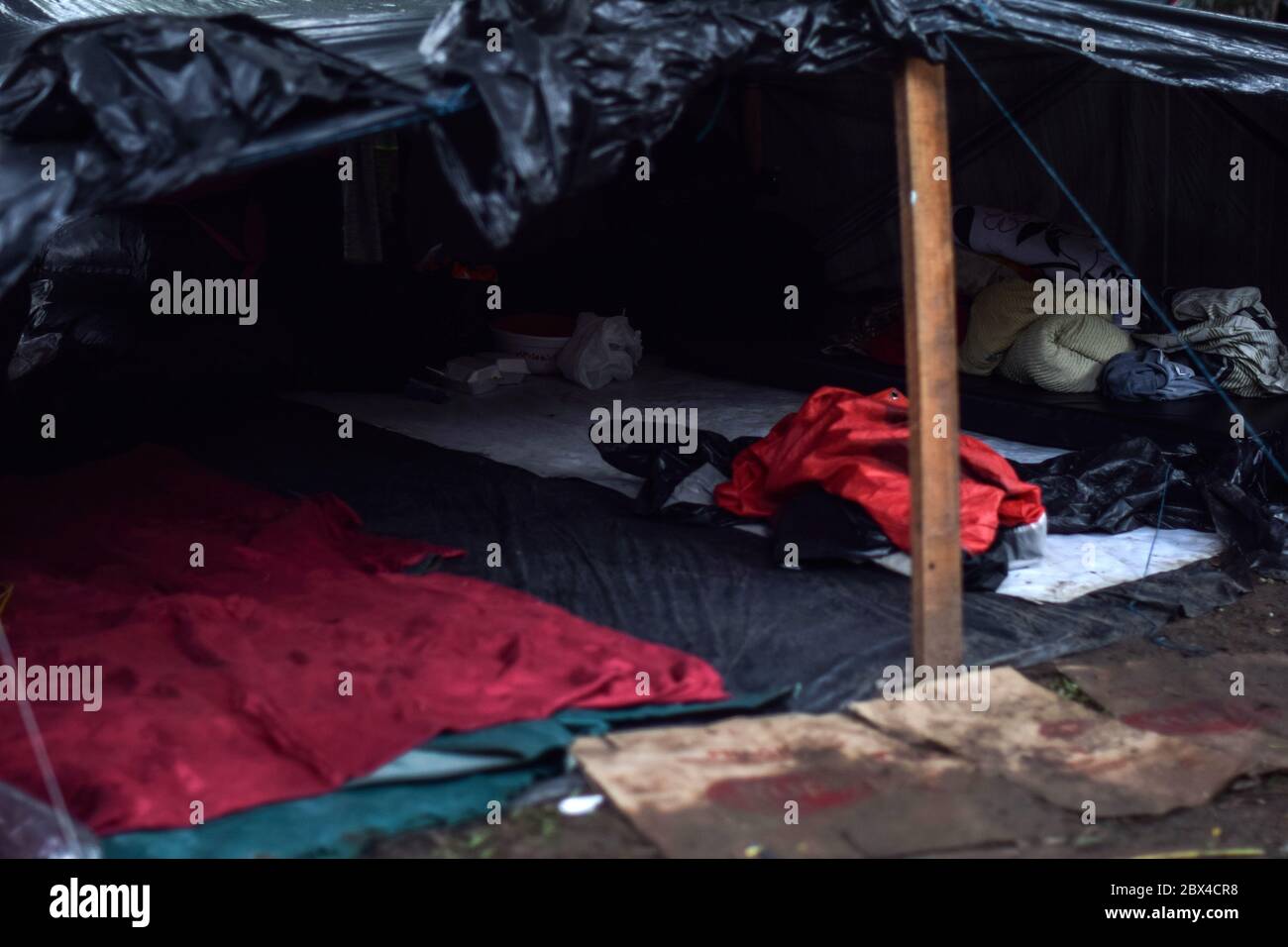 Les Vénézuéliens bloqués construisent un camp de fortune dans un parc couvert d'arbres au milieu de la pandémie de Covid-19, en attendant l'occasion de retourner dans leur pays, Cali, Banque D'Images