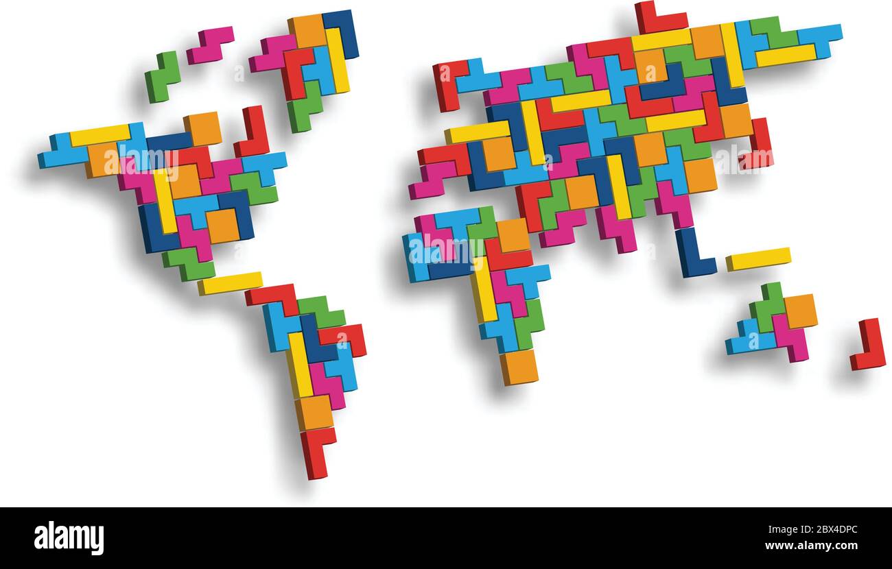 Mosaïque de la carte du monde de blocs tetris colorés en 3D. Illustration vectorielle. Illustration de Vecteur