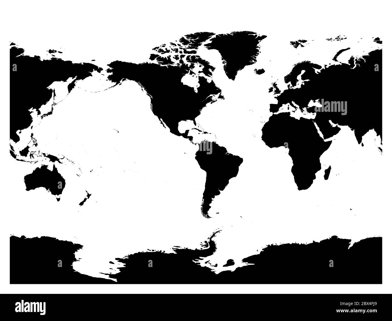 Carte du monde centrée sur l'Amérique. Silhouette noire haute précision sur fond blanc. Illustration vectorielle. Illustration de Vecteur
