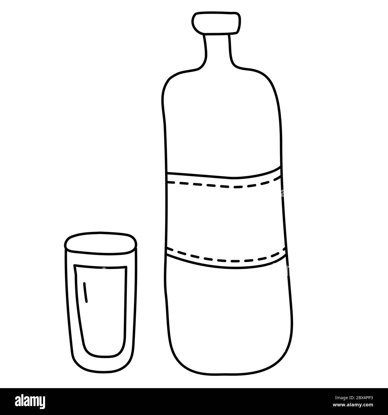 Bouteille et verre. Dessin de contour de ligne noire Illustration de Vecteur