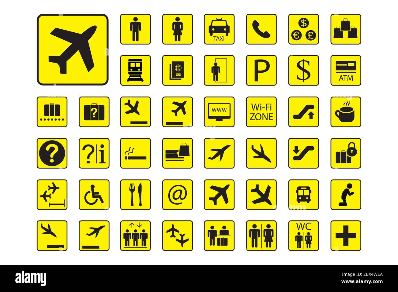 Grand ensemble d'icônes ou de panneaux AirPort, pictogrammes noirs et jaunes isolés sur fond blanc, illustration vectorielle Illustration de Vecteur