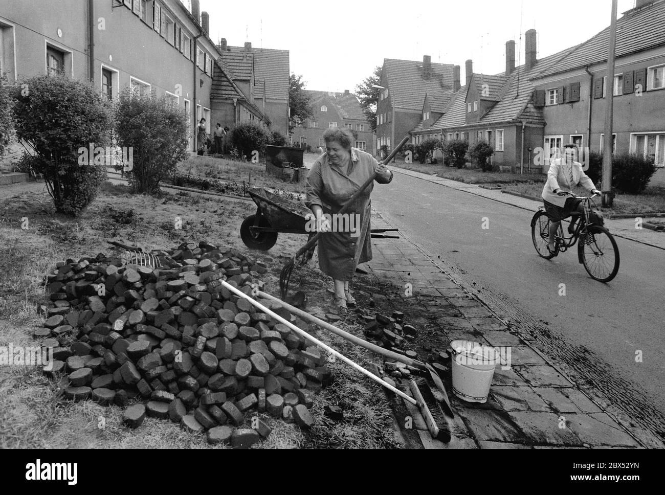 Saxe-Anhalt / Etat de la RDA / 1990 localité de travailleurs Piesteritz près de Wittenberg. Il appartenait aux anciennes usines d'azote, construites en 1915 pour la production de munitions. C'est un joli domaine fermé, avec des jardins derrière la maison et des cours intérieures calmées. Il a été rénové en 2000. (Voir les nouvelles photos) photo: Femme apporte des briquettes de charbon brun dans la cave // citoyen GDR / couple / personnes / [traduction automatique] Banque D'Images