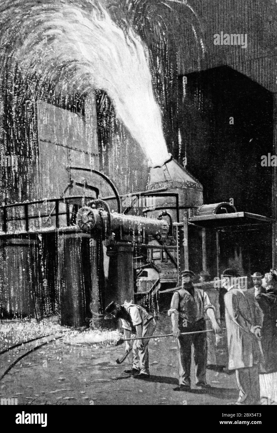Décarburation de la fonte porcine dans le convertisseur Bessemer de l'usine Krupp d'Essen. Banque D'Images