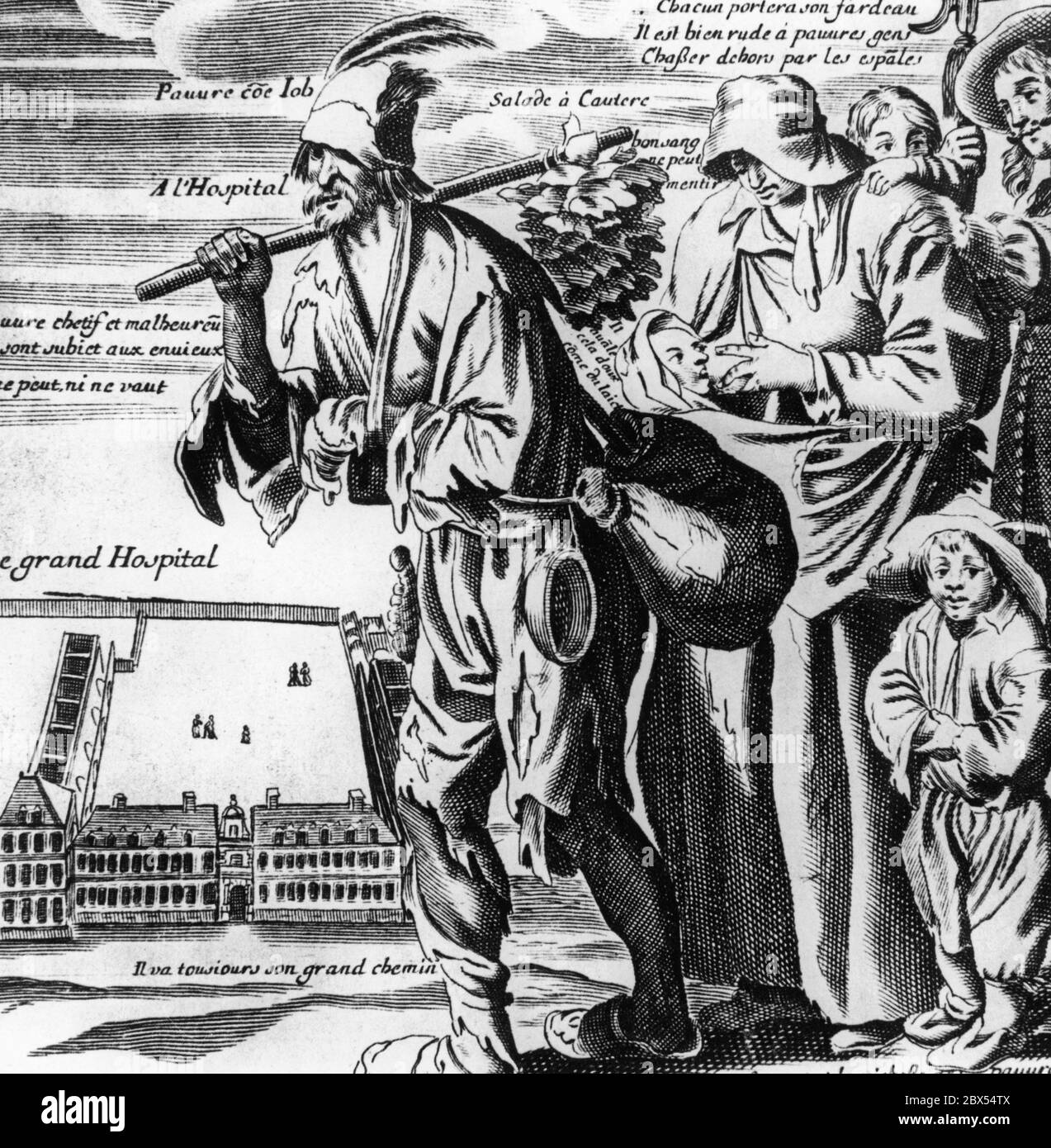 Un coursier (extrême droite) pousse les pauvres de la communauté humaine dans la maison pauvre. Il y a une légende pour chaque personne représentée: Par exemple l'enfant en face à droite: "Les enfants sont la richesse des pauvres". La représentation est caractéristique de la 2ème moitié du 17ème siècle et constitue une mise en accusation de la misère de la population. Banque D'Images