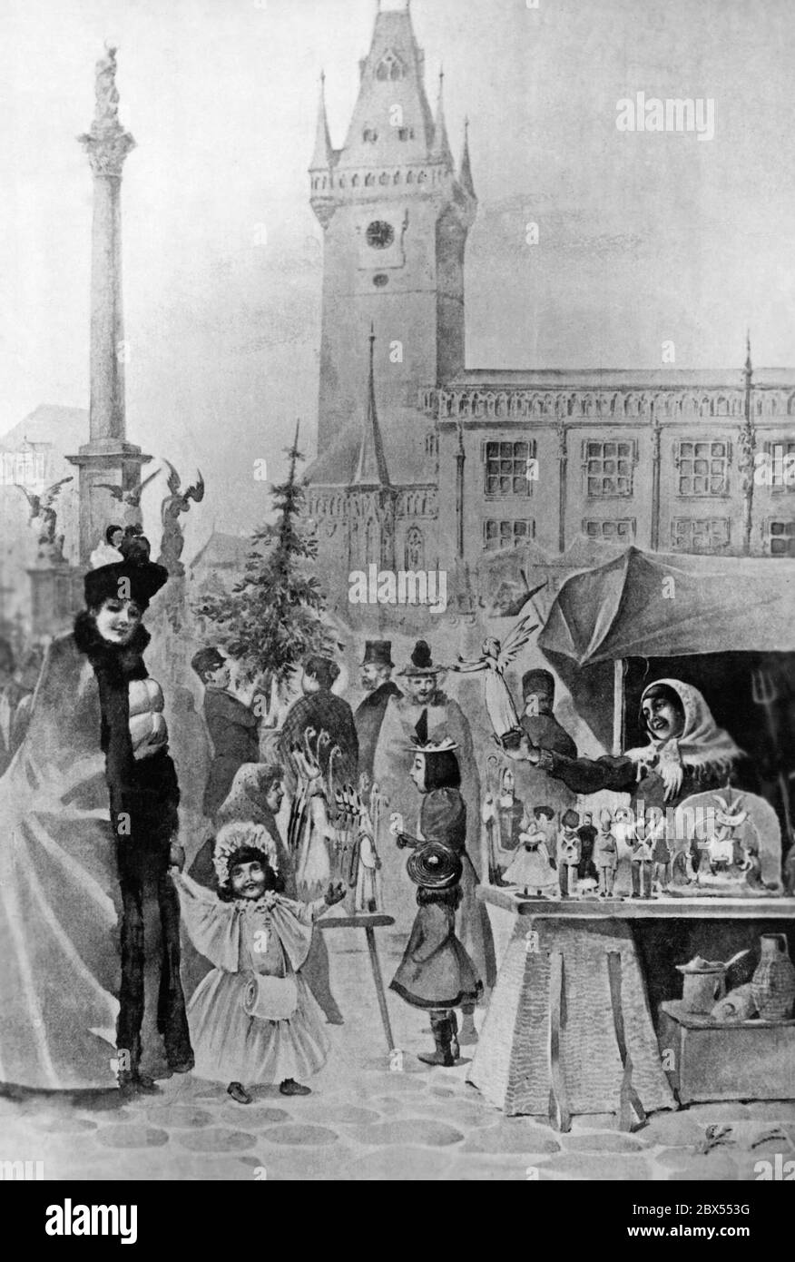 Le grand marché de Noël sur la place de la vieille ville de Prague avec la vieille mairie et la statue de la Vierge Marie. Une vendeuse félicite ses chiffres. Après un dessin de Franz Kosicek. Banque D'Images