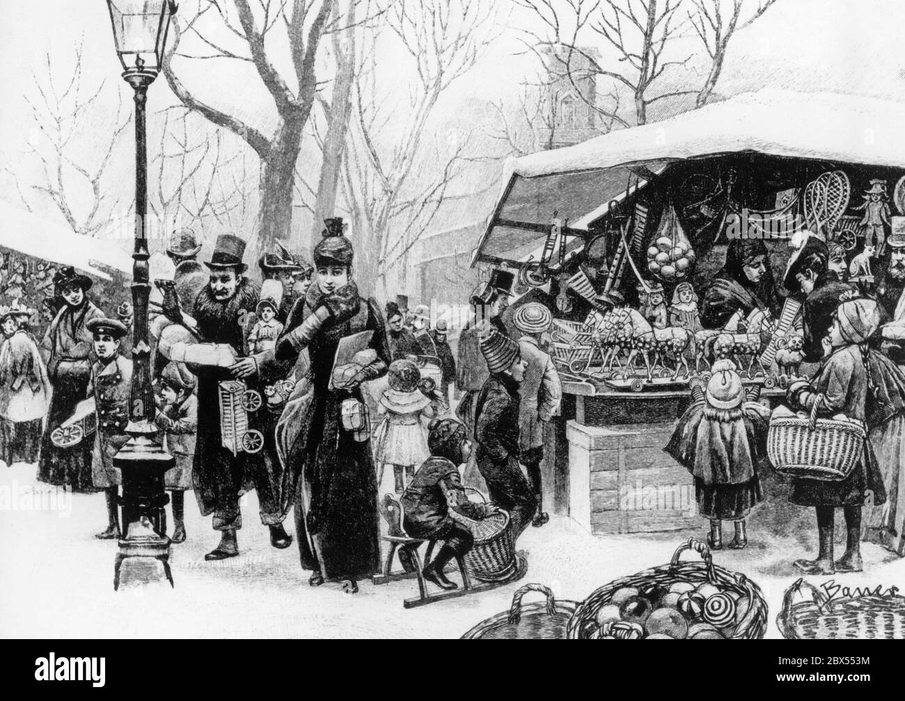 Cette gravure de Peter Bauer de 1897 montre aux visiteurs très chargés de cadeaux de Noël au Christkinglmarkt de Munich. Banque D'Images