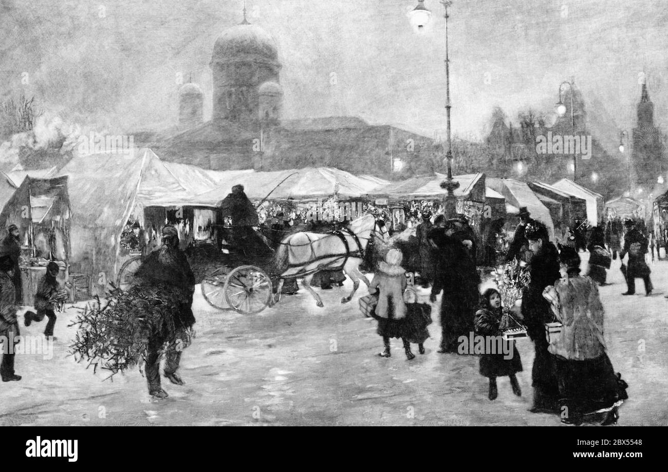 Un tableau du peintre Franz Skarbina de 1893, qui montre l'agitation du marché de Noël au Gendarmenmarkt à Berlin. Banque D'Images