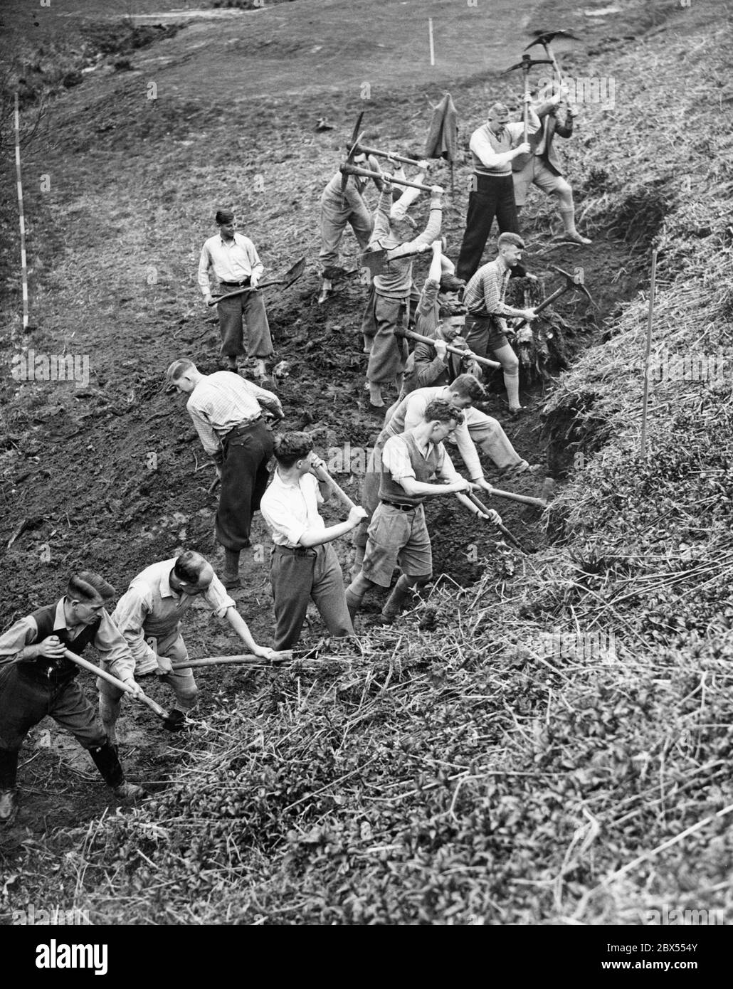 Les garçons du camp de travail germano-anglais travaillent avec des pickhaches et des pelles. Les garçons allemands et anglais, âgés de 17 à 28 ans, travaillent ensemble dans un camp de travail à l'école Dauntsey de West Lavington, Wiltshire. Certains sont étudiants, d'autres travailleurs industriels. Leur travail consiste à abattre les arbres, à niveler le sol et à construire des routes. Banque D'Images