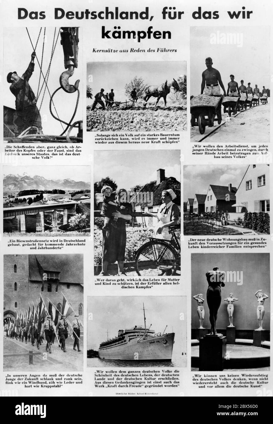 Compilation propagandistique des déclarations fondamentales du national-socialisme à l'occasion du dixième anniversaire du Machtergreifung («la puissance») en 1943, y compris la construction de maisons, la création d'emplois, la construction d'autobahn, l'éducation des jeunes, l'art et la culture, la politique familiale, l'aide agricole. Banque D'Images