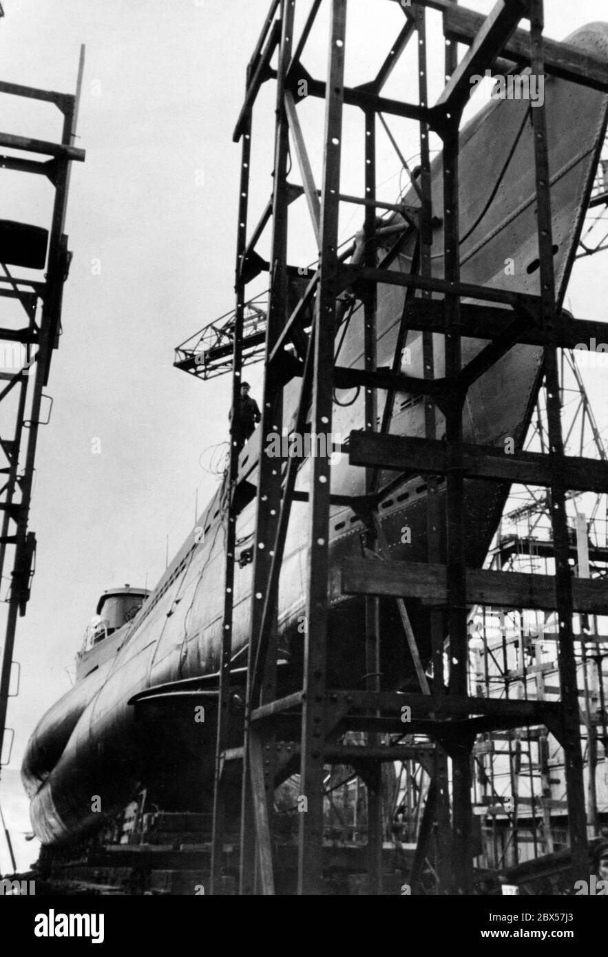 Un sous-marin de classe VII est terminé sur la cale, prêt pour le lancement. C'est le sous-marin le plus produit de l'histoire. Banque D'Images