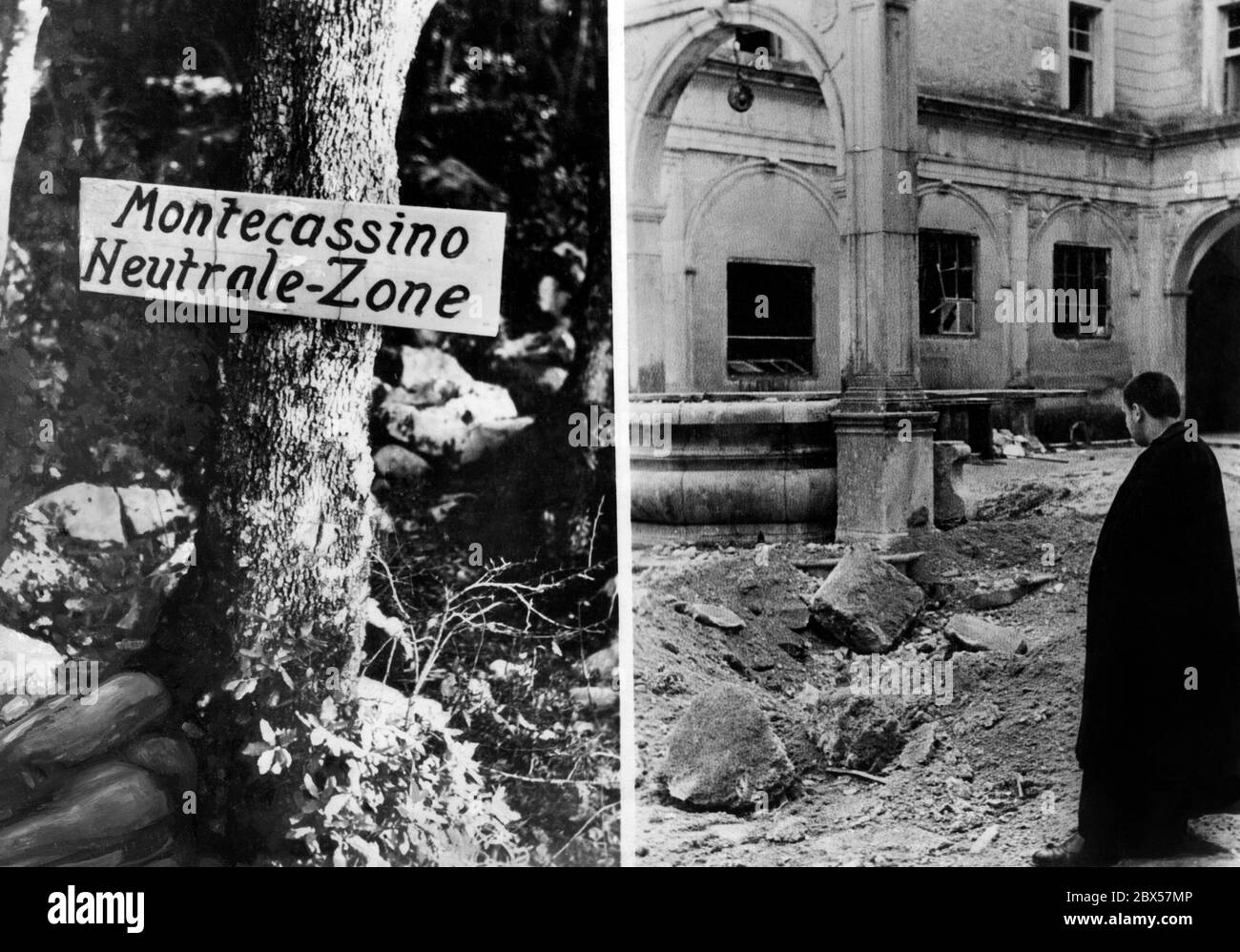 À gauche : photo retouchée avec le signe 'Montecassino neutre zone'. Sur la droite : Monk dans la cour de l'abbaye détruite de Montecassino. Banque D'Images
