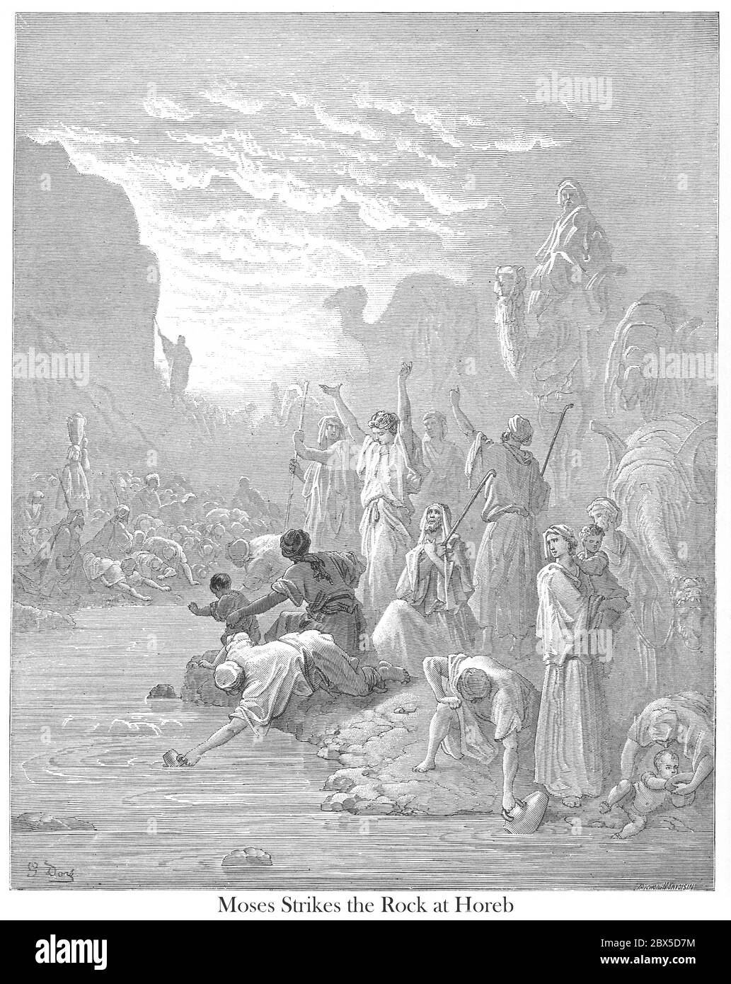 Moïse frappant le Rocher dans l'exode Horeb 17:6 du livre 'Galerie de la Bible' illustré par Gustave Dore avec mémoire de Dore et lettre-presse descriptive par Talbot W. Chambers D.D. Publié par Cassell & Company Limited à Londres et simultanément par Mame à Tours, France en 1866 Banque D'Images Moïse frappant le Rocher dans l'exode Horeb 17:6 du livre 'Galerie de la Bible' illustré par Gustave Dore avec mémoire de Dore et lettre-presse descriptive par Talbot W. Chambers D.D. Publié par Cassell & Company Limited à Londres et simultanément par Mame à Tours, France en 1866 Banque D'Images