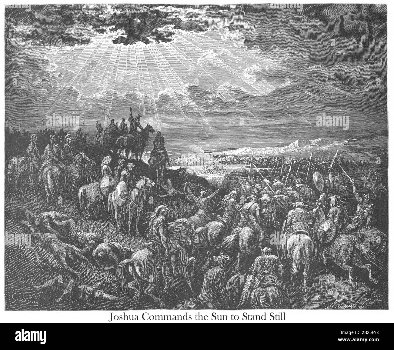 Josué commandant le Soleil pour se tenir encore Josué 10:13 [O soleil, se tenir encore à Gibeon, et O lune dans la vallée d'Aijalon] du livre 'Galerie biblique' illustré par Gustave Dore avec mémoire de Dore et lettre-presse descriptive par Talbot W. Chambers D.D. Publié par Cassell & Company Limited à Londres et simultanément par Mame à Tours, France en 1866 Banque D'Images
