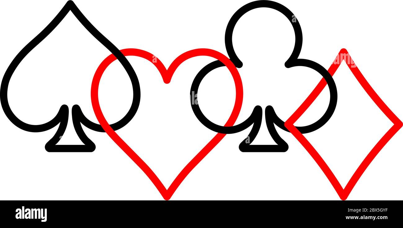 Combinaisons de cartes de poker - coeurs, clubs, spades et diamants - sur fond blanc. Illustration du vecteur de thème de jeu de casino. Les contours noirs et rouges se chevauchent partiellement. Illustration de Vecteur