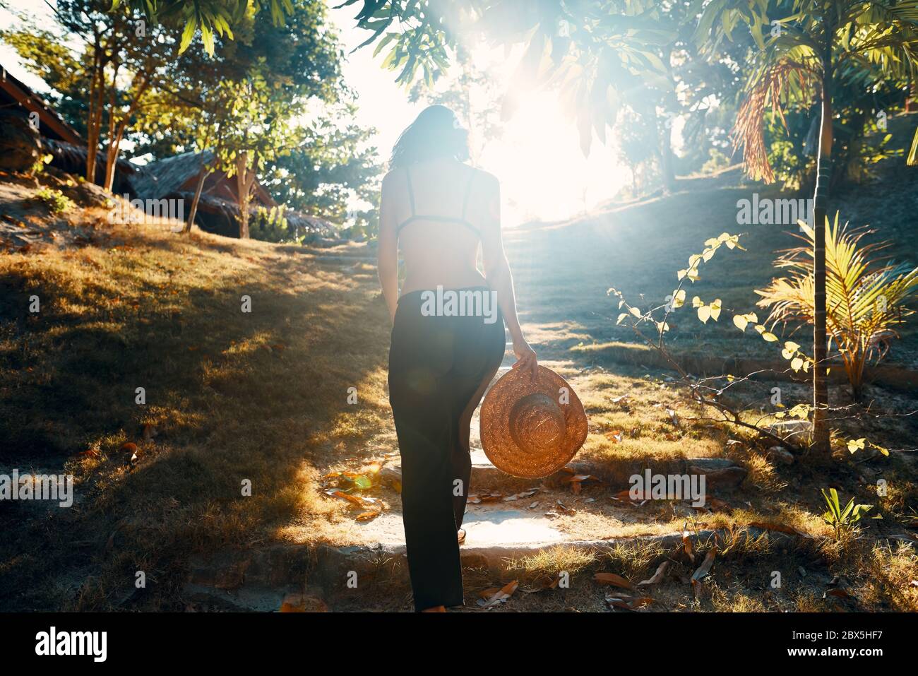 Vue arrière de la jeune femme en chapeau de paille marchant dans les escaliers dans le parc tropical vert à la lumière du soleil. Réussite, concept d'objectif Banque D'Images