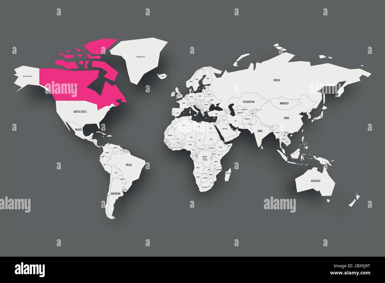 Rose Canada mis en évidence sur la carte du monde. Carte simplifiée en gris clair avec ombre portée sur fond gris foncé. Illustration vectorielle. Illustration de Vecteur