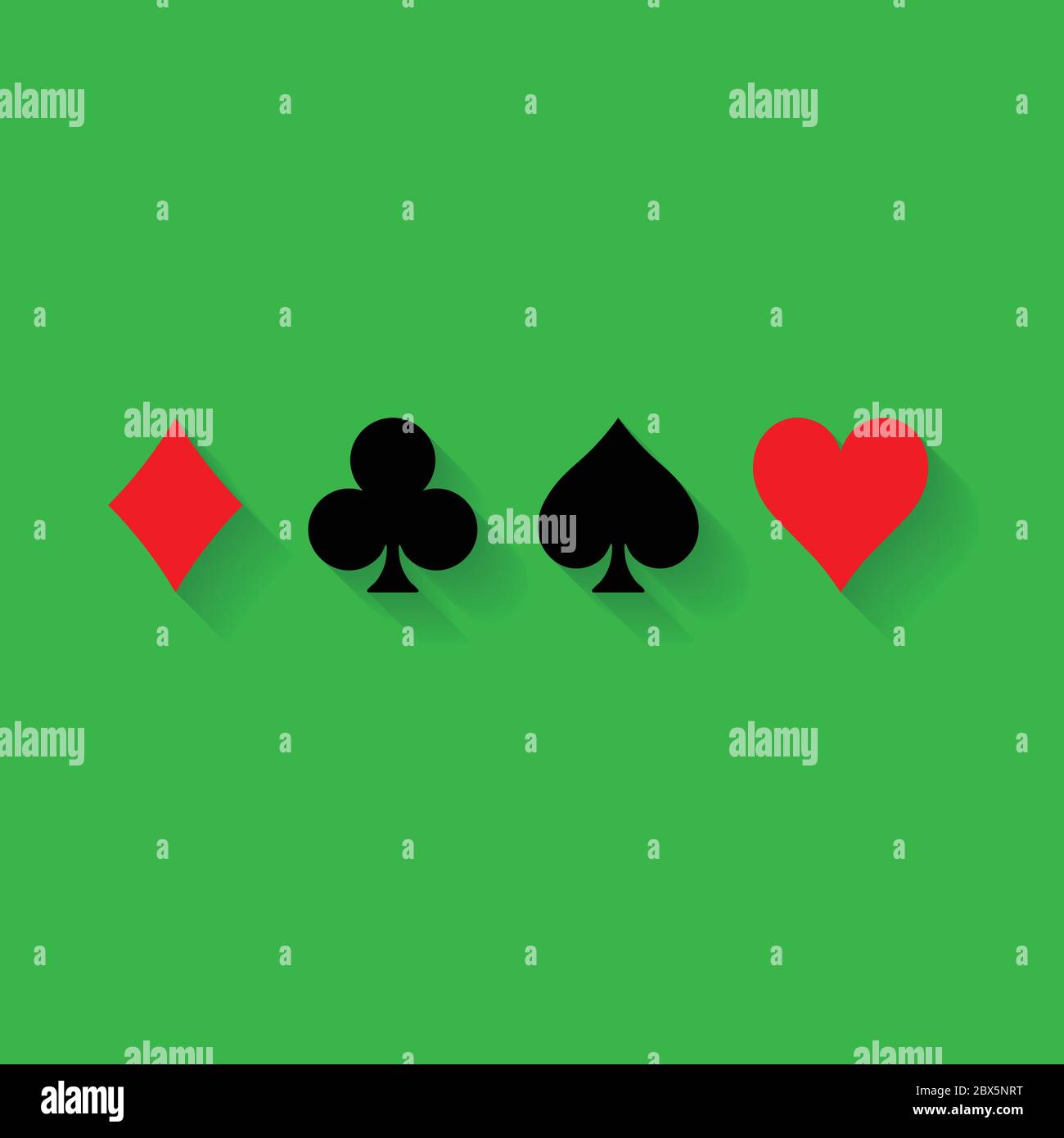 Combinaisons de cartes de poker - coeurs, clubs, spades et diamants - sur fond vert. Illustration du vecteur de thème de jeu de casino. Formes noir et rouge avec effet d'ombre longue. Illustration de Vecteur