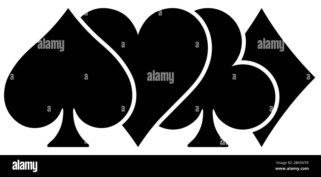 Combinaisons de cartes de poker - coeurs, clubs, spades et diamants - sur fond blanc. Illustration du vecteur de thème de jeu de casino. Formes noires partiellement superposées avec un contour blanc. Illustration de Vecteur