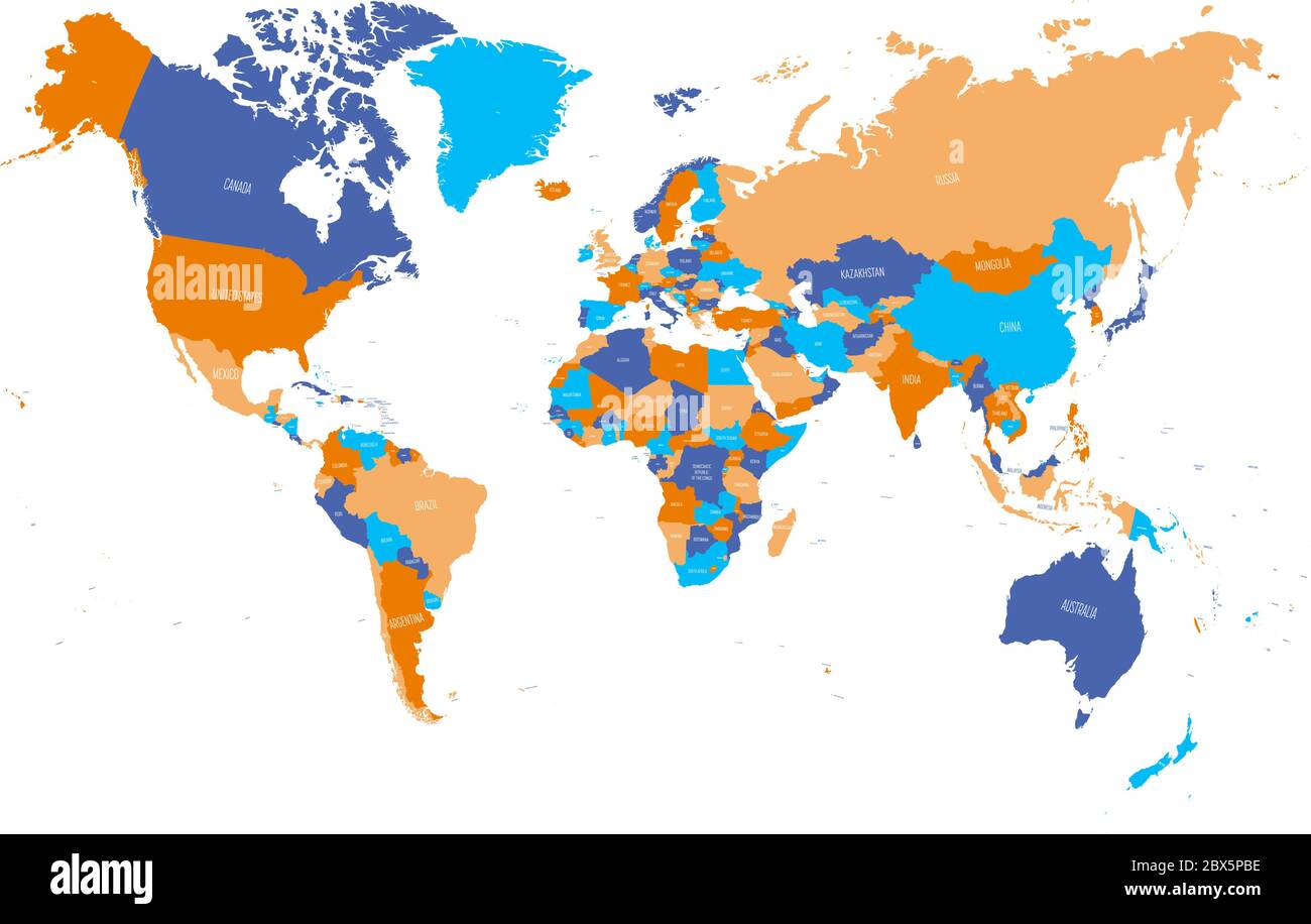 Carte du monde en quatre couleurs sur fond blanc. Carte politique détaillée avec noms de pays. Illustration vectorielle. Illustration de Vecteur