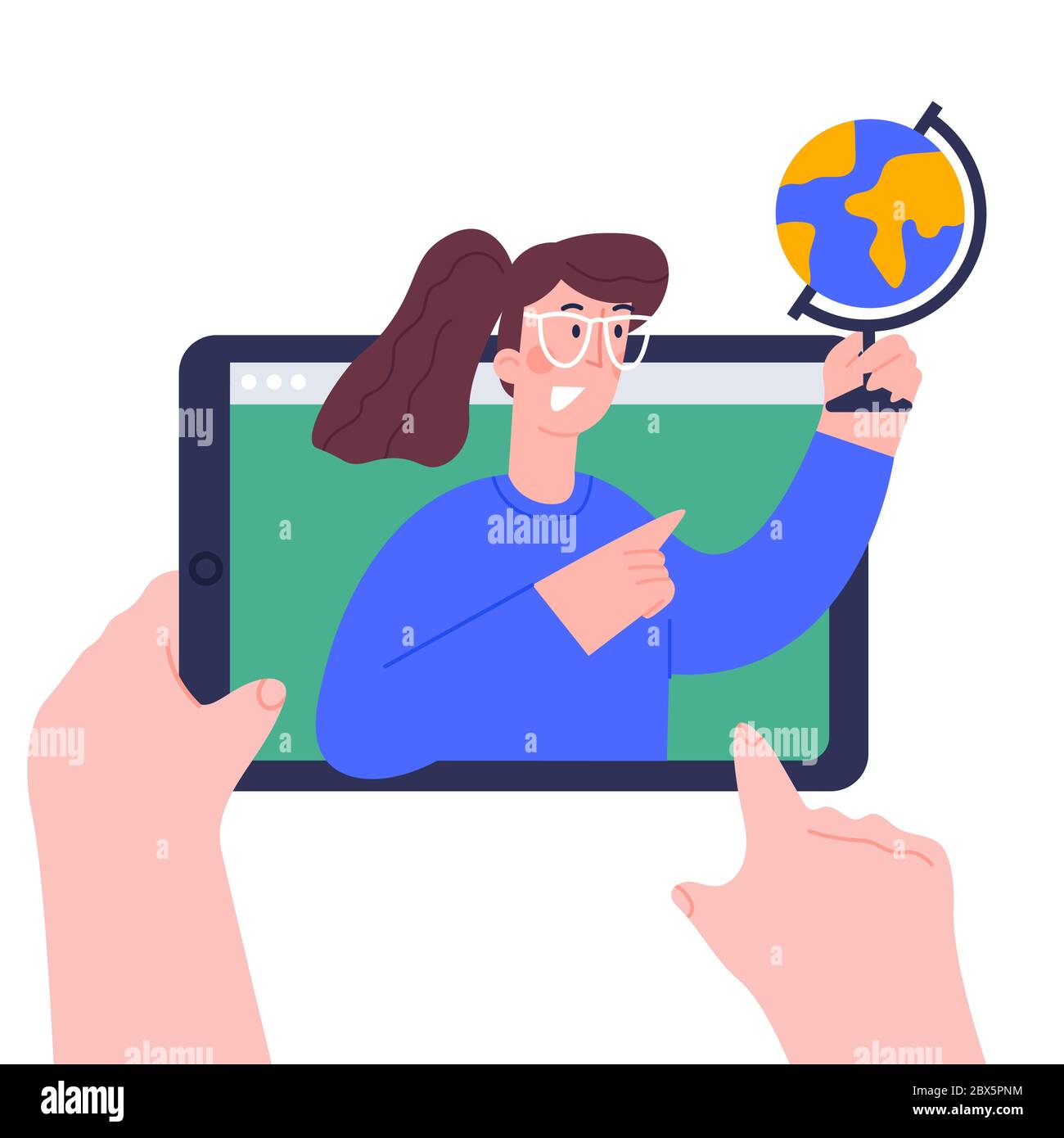 Utilisation d'un PC tablette numérique pour les cours à distance, les cours vidéo, les séminaires Web, les cours Internet, les services personnels d'enseignants.formation en ligne pour l'école et Illustration de Vecteur