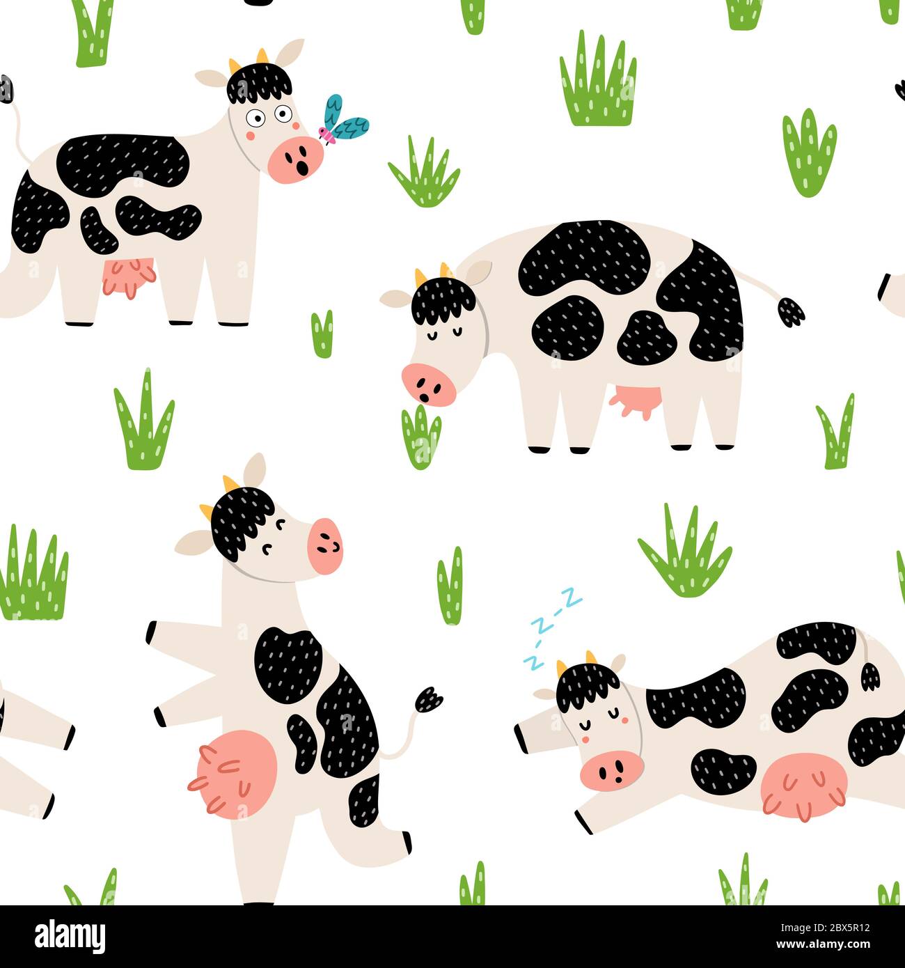 Campagne amusante motif sans couture avec des vaches mignons Illustration de Vecteur