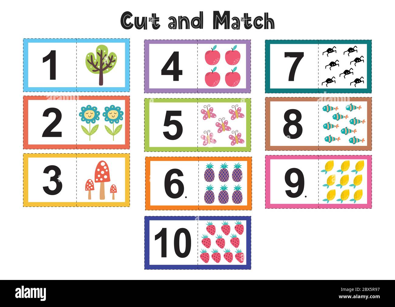 Cartes flash Numbers pour enfants. Couper et associer des photos Illustration de Vecteur Cartes flash Numbers pour enfants. Couper et associer des photos Illustration de Vecteur