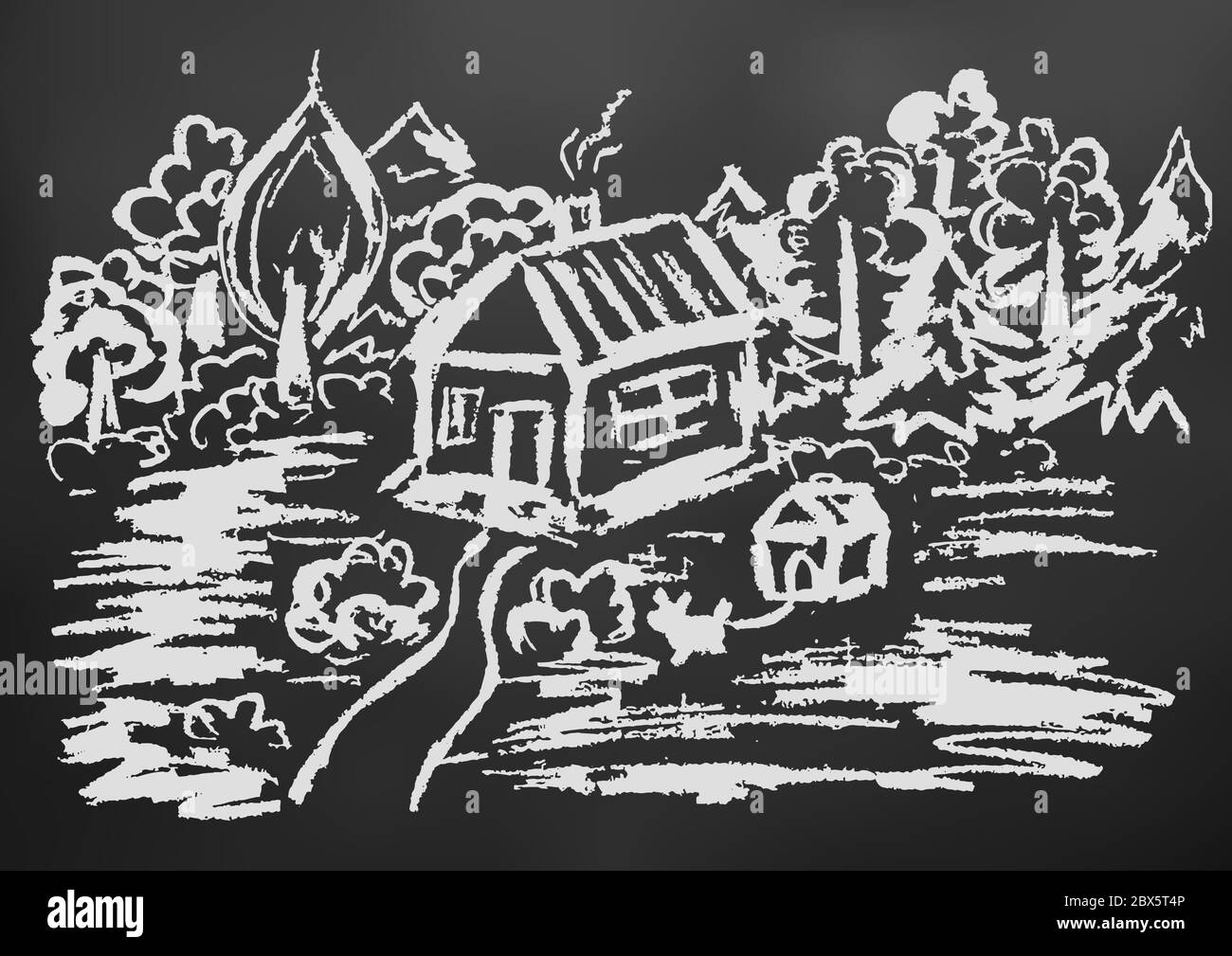 Joli dessin pour enfants. Craie blanche sur un tableau noir. Paysage d'automne.  Maison dans les bois Image Vectorielle Stock - Alamy