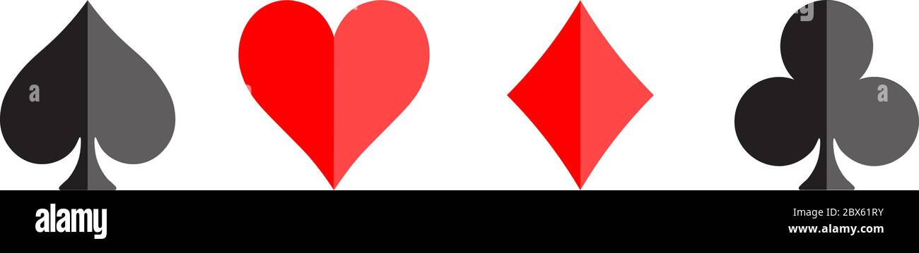 Combinaisons de cartes de poker - coeurs, clubs, spades et diamants - sur fond blanc. Illustration du vecteur de thème de jeu de casino. Formes noir et rouge avec effet brillant simple. Illustration de Vecteur