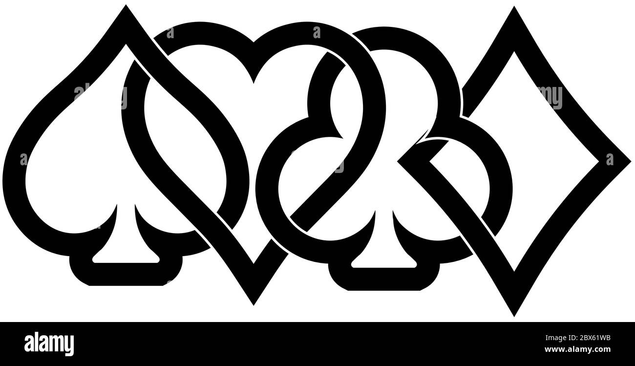 Combinaisons de cartes de poker - coeurs, clubs, spades et diamants - sur fond blanc. Illustration du vecteur de thème de jeu de casino. Les formes de contour noires se chevauchent partiellement. Illustration de Vecteur