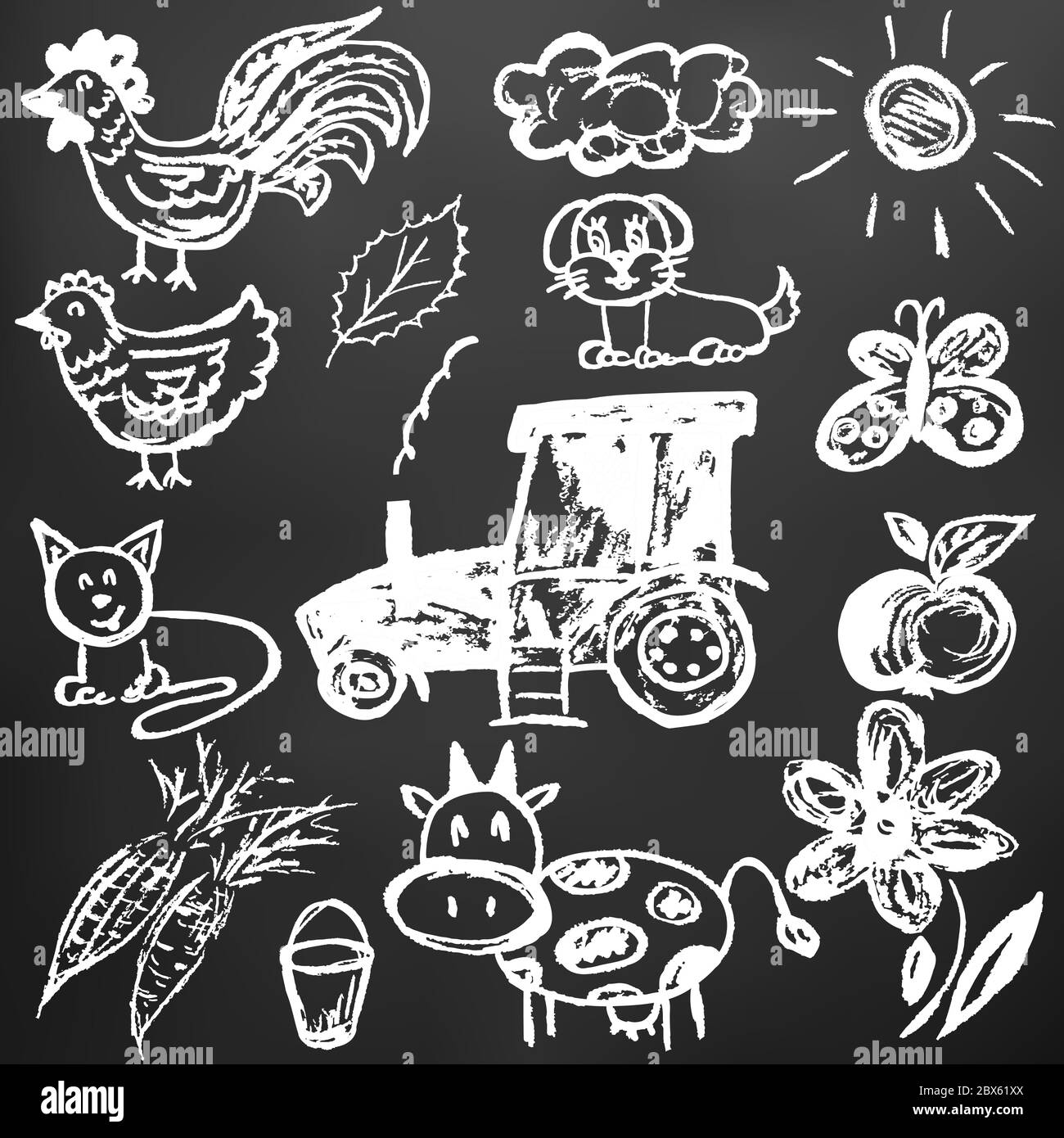 Joli dessin pour enfants. Craie blanche sur un tableau noir. Icônes, signes, symboles, épingles. Dessins de village, ferme. Coq, vache tracteur poulet Illustration de Vecteur