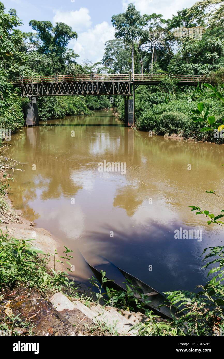 Structure de pont routier rural sur la rivière en amazonie, Equateur Banque D'Images